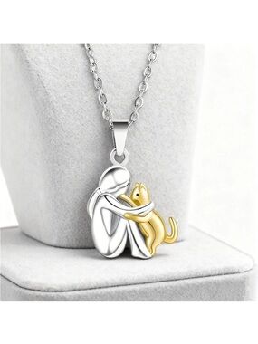 Hug Pendant Necklace Cat Lover Gift Silver Gold Friendship Love Pet Jewelry